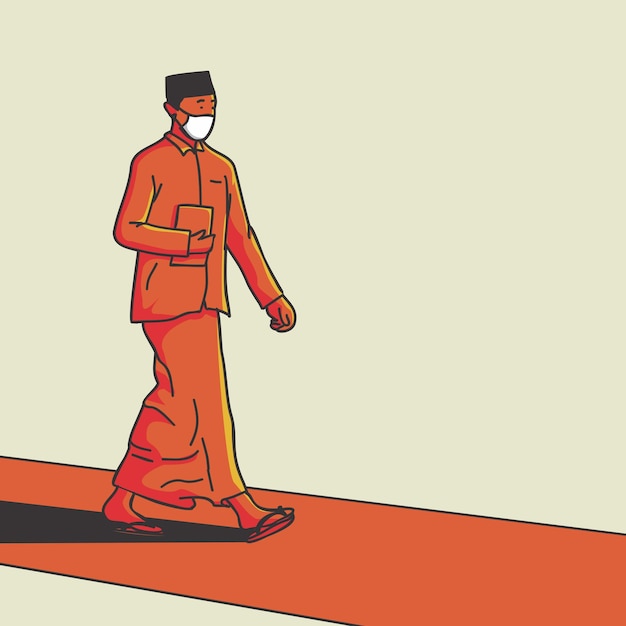 Illustration eines muslimischen studenten, der in einer maske mit einem buch in der hand geht