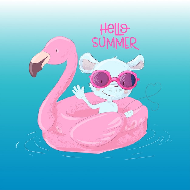 Illustration eines netten maus auf einem aufblasbaren kreis in form eines flamingos. hallo sommer
