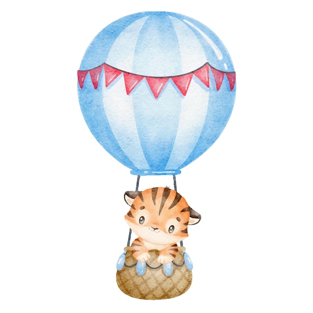 Illustration eines niedlichen cartoon-tigers auf heißluftballon kleine niedliche aquarelltiere