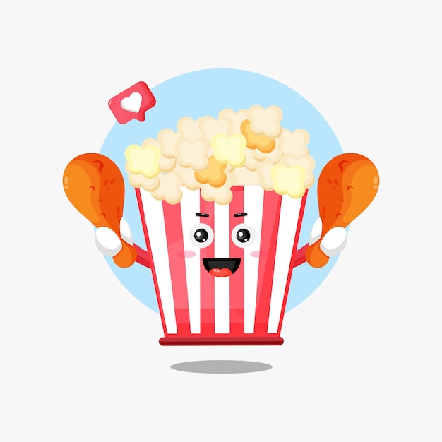 Illustration eines niedlichen popcorn-charakters, der gebratenes huhn hält