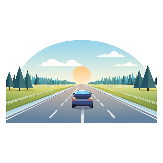 Illustration eines orangefarbenen Autos auf der Straße mit der Sonne