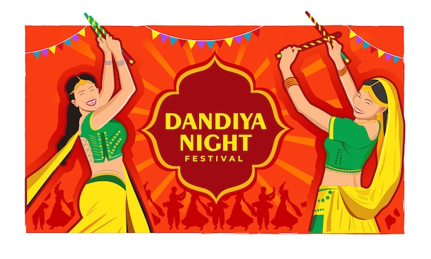 Illustration eines paares, das dandiya in der disco garba night banner poster spielt