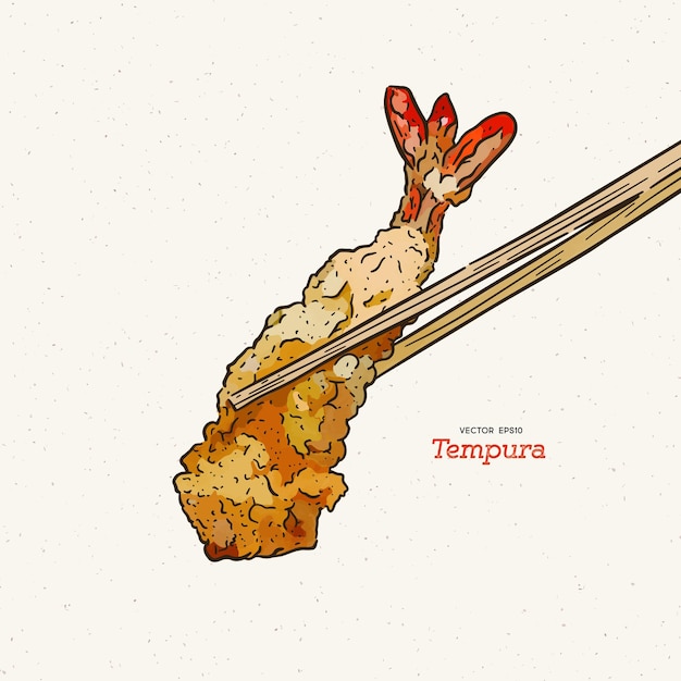 Vektor illustration eines paares essstäbchen, die ein stück tempura halten