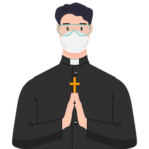 Illustration eines religiösen priesters mit medizinischen antiviren-schutzmasken und schutzbrillen. gestaltungselement für plakatetikettenschild-emblem-infografik. vektorillustration