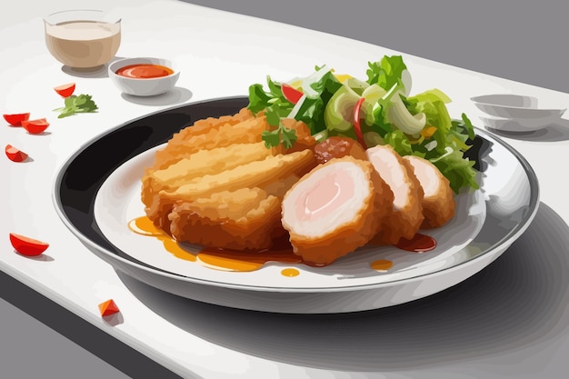 Vektor illustration eines restaurants mit gebratenem schweinefleisch auf einem weißen teller