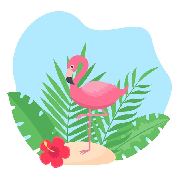 Illustration eines rosa flamingos am strand.