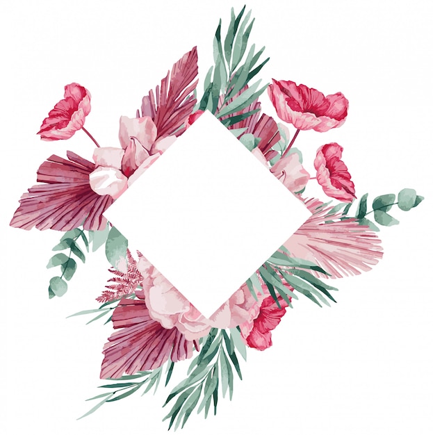 Illustration eines sanften kranzes für eine hochzeitseinladung von eukalyptus, rosa anemonen, palmblättern und mohnblumen.