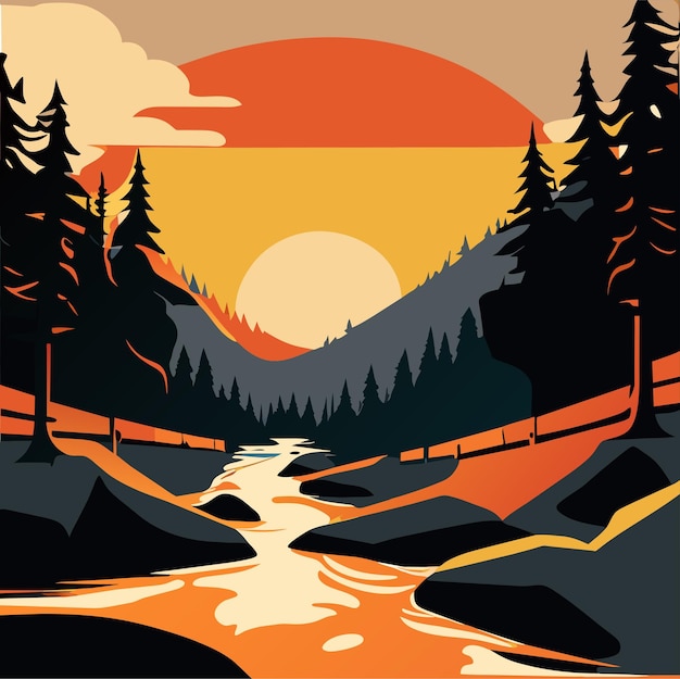 Illustration eines schönen ruhigen sonnenuntergangs am fluss