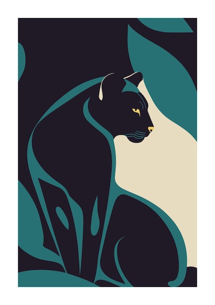 Illustration eines schwarzen panthers auf dunklem hintergrund mit blättern