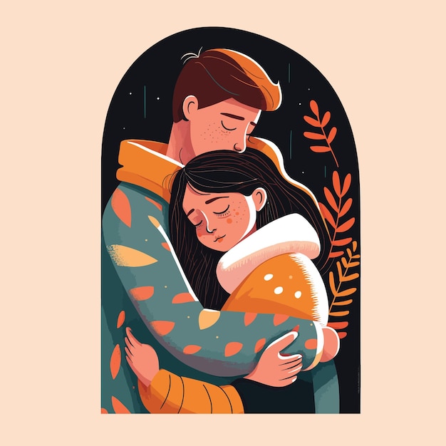 Illustration eines sich umarmenden Paares und die Wörter Liebe sind auf der Vorderseite von ihnen