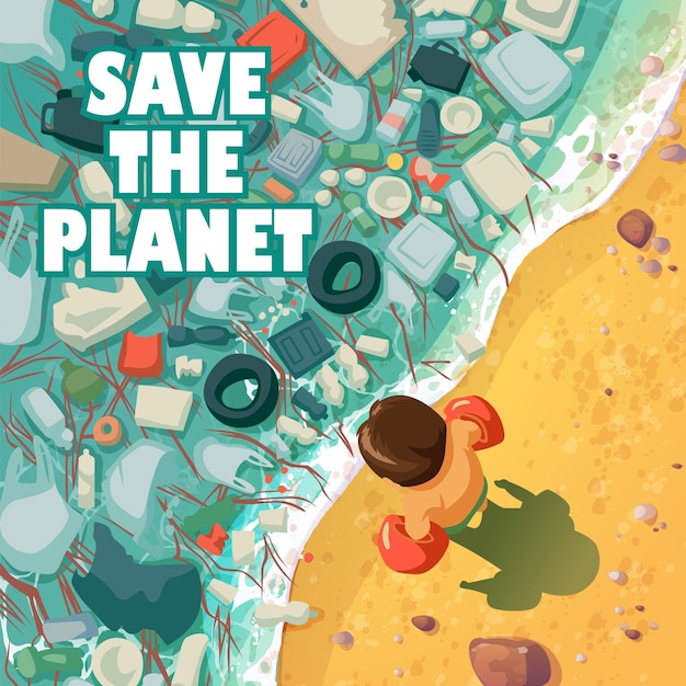 Vektor illustration eines strandes, der durch müllverschmutzung verschmutzt ist. plakatentwurf zur rettung unseres planeten