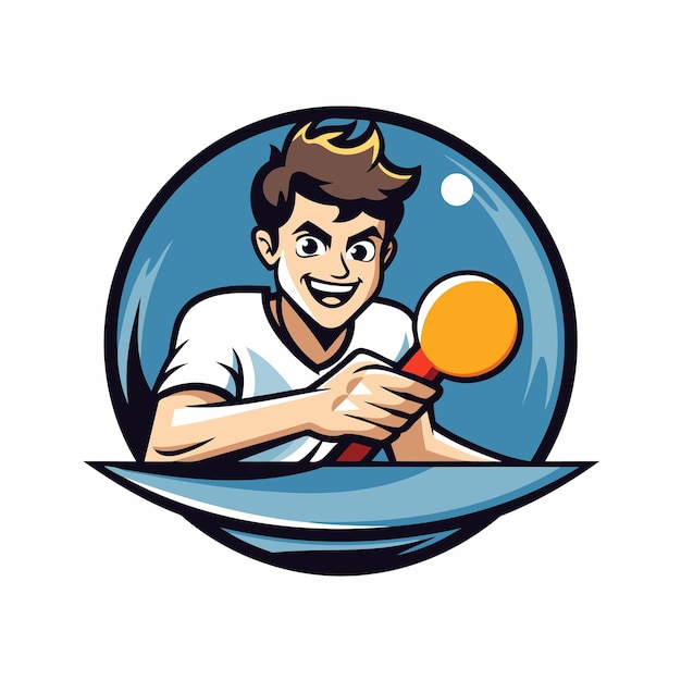 Vektor illustration eines tischtennisspielers mit schläger und ball im kreis im retrostil