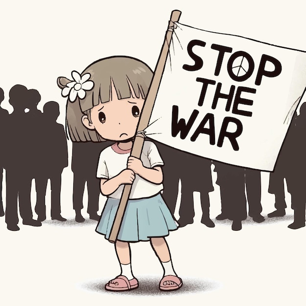 Vektor illustration eines traurigen mädchens, das ein stop-the-war-banner hält