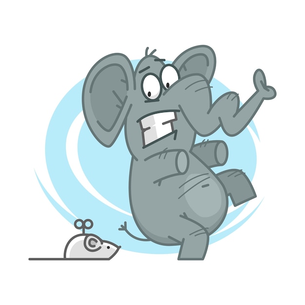 Illustration, Elefant erschreckt vor mechanischer Maus, Format EPS 10