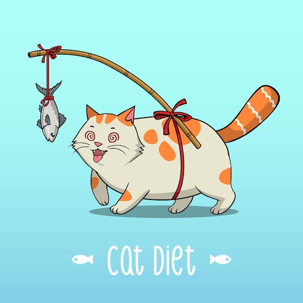 Vektor illustration fat cat diet, fette katze läuft für fisch