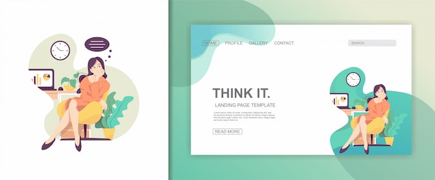 Illustration Flat Character Woman Think Design Landing Page