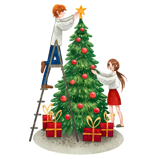 Illustration für die Kinder des neuen Jahres schmücken den Weihnachtsbaum zu Weihnachten