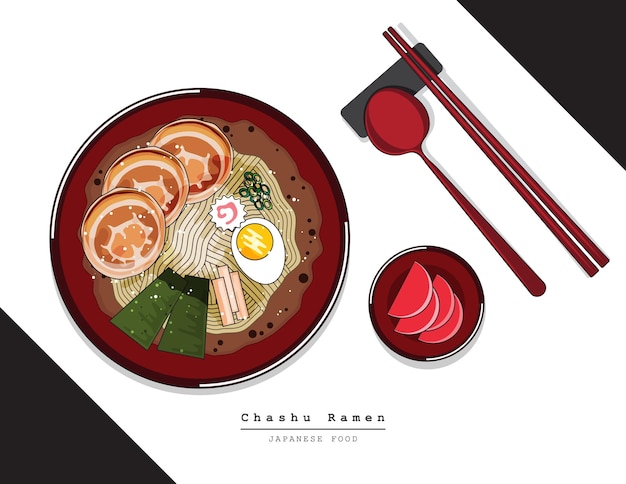 Illustration handgezeichnetes isoliertes Essen auf Tischplatteansicht Japanische Nudeln Chashu-Scheibe Ramen