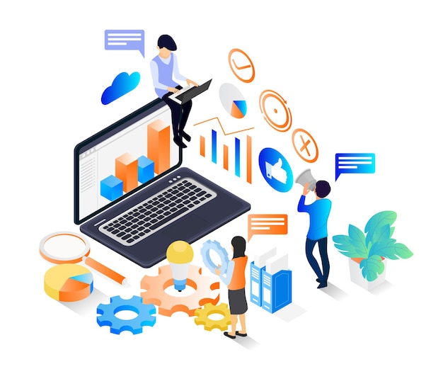 Illustration im isometrischen Stil über ein Team von Marketingmitarbeitern, die ihre jeweiligen Jobs erledigen