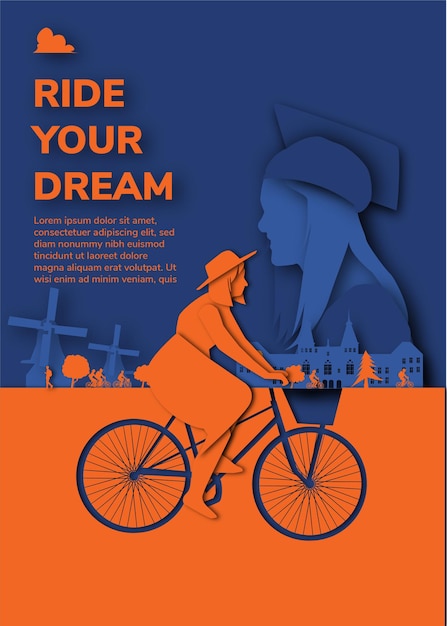 Illustration im papierschnitt-stil von frauen, die fahrrad fahren, um ihre träume zu verfolgen