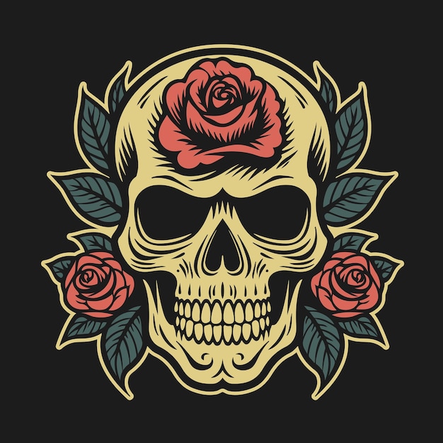 Illustration im Tattoo-Stil mit Totenkopf und Rosen