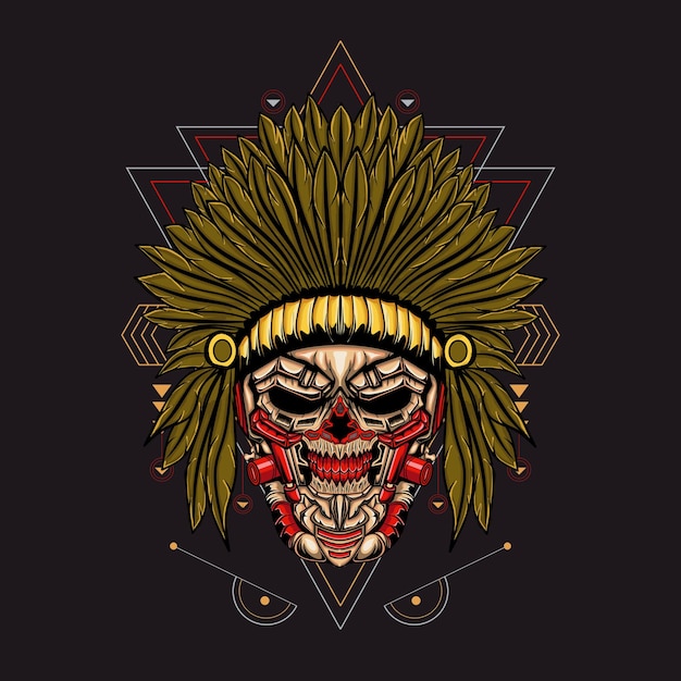 Illustration Indian Skull Robotic Sacred Geometric