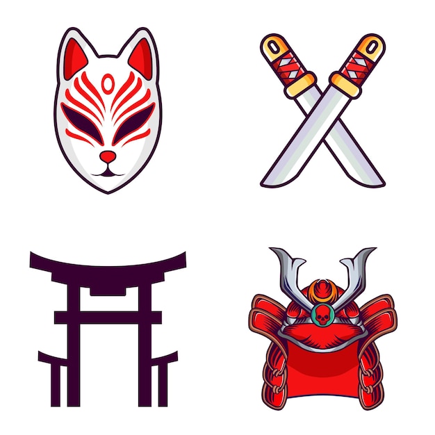 Illustration japanischer maske, katana, denkmal und samurai-helm