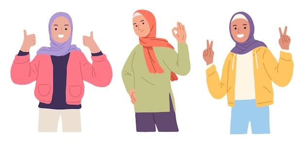 Illustration junger muslimischer frauen, die hijab in verschiedenen stilen tragen