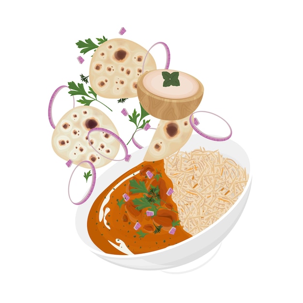 Illustration Logo Clipart Levitation Indisches Butterhühnchen oder Indisches Hühnchen Makhani mit Naan-Brot