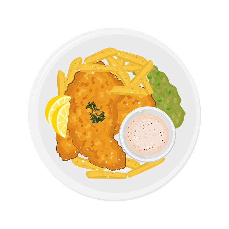 Illustration Logo Clipart Top View Britisches traditionelles Essen Fisch und Chips