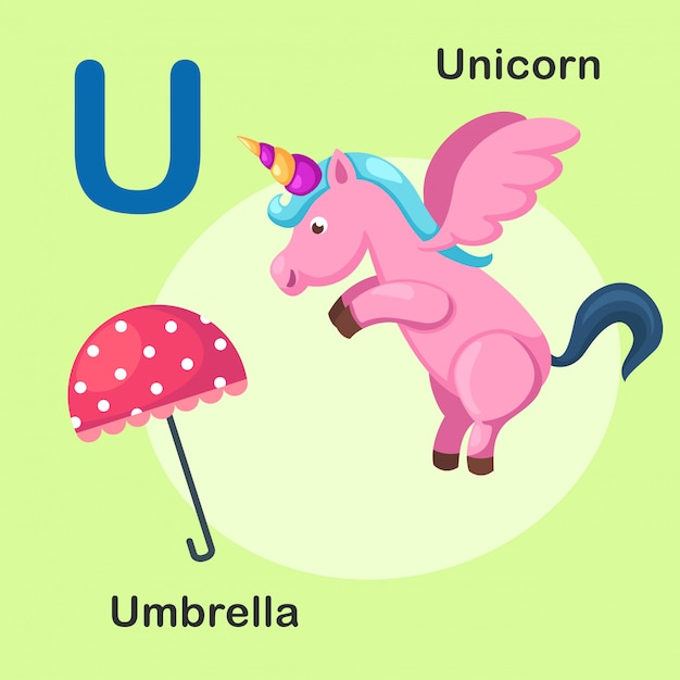 Illustration lokalisiertes tieralphabet-buchstabe-u-einhorn, regenschirm