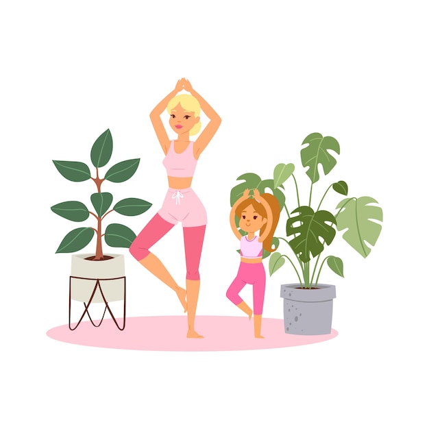 Illustration, mädchen praktiziert yoga zu hause, entspannende pose für meditation, gesundes leben, cartoon-stil illustration.