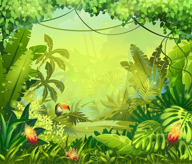 Illustration mit Blumen und Dschungeltukan