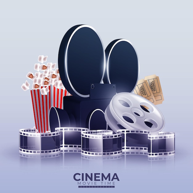 Illustration mit cinema videokamera, popcorn und tickets