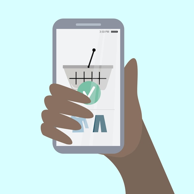 Illustration mit der hand, die das smartphone hält, wo informationen zur online-bestellung sind.