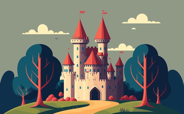 Illustration mit einem Märchenschloss mit luxuriösen Türmen und Mauern Das Schloss zeichnet sich durch eine Vielzahl von Details aus Generative KI Um das Schloss herum wachsen Pflanzen Vektorillustration