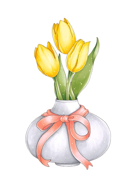 Illustration mit frischen tulpen in einer vase mit einem bogen