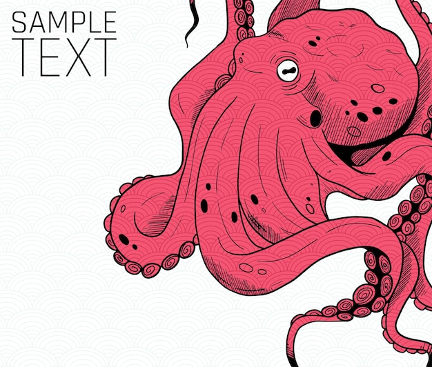 Vektor illustration mit grafischem handgezeichnetem oktopus in schwarzen und roten farben mit einfachem muster