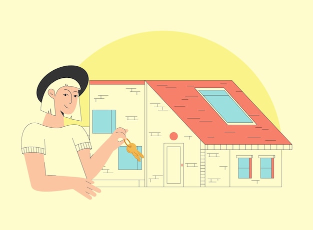 Illustration mit immobilienmakler mit schlüsseln in der hand makler, der ein haus kauft oder mietet