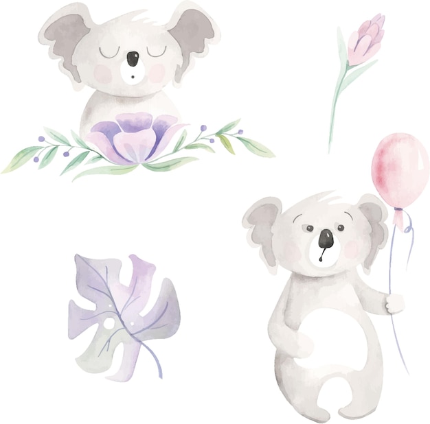 Illustration mit Koala und Blättern und Blumen