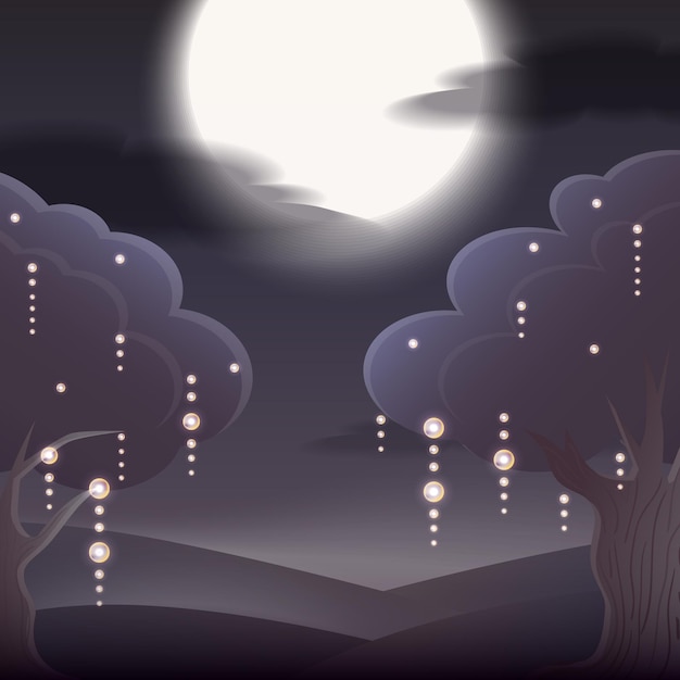 Vektor illustration mit mond, baum und laternen für postkarten, hintergründe, poster und ihre kreativität