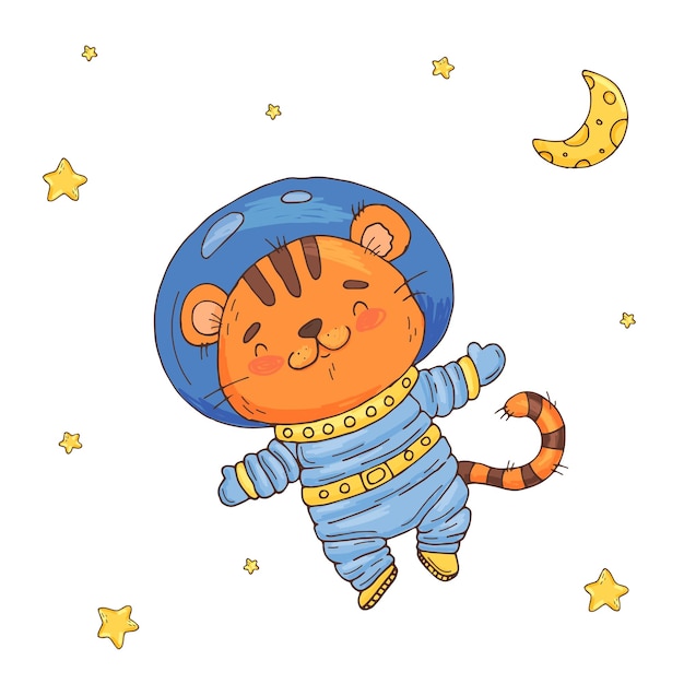 Illustration mit niedlichem cartoon-tiger-astronaut im weltraum element für druckpostkarte und poster vektorillustration