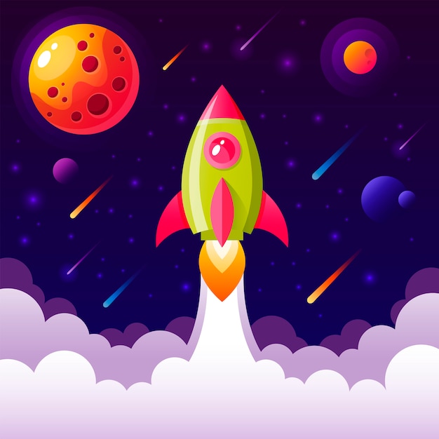 Illustration mit Raumrakete, die in den Himmel fliegt