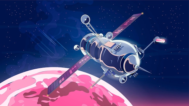 Illustration mit Raumschiff Satellit im Weltraum mit Mond. Weltraumgeschichtsprogramm, menschliche Erforschung des nahen Weltraums.
