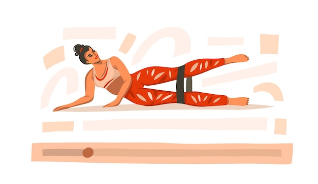 Illustration mit weiblichem training zu hause mit sportgummibändern auf video