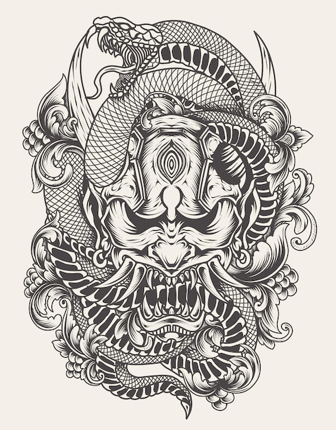 Illustration oni-maske mit schlangen-monochrom-stil