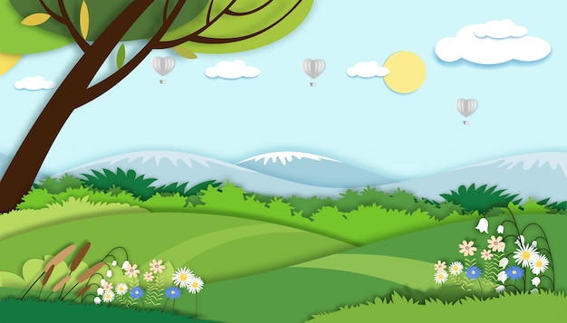 Illustration.papierschnittart der feldlandschaft in der sommerzeit, papierkunst-frühlingslandschaft mit blauem himmel und heißluftballonherzfliegen, flacher panorama-cartoon für feiertagsbanner