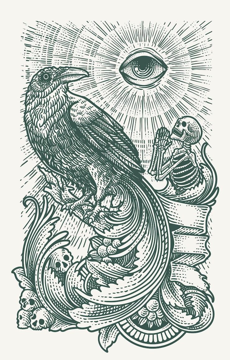 Vektor illustration rabe mit schädelgravierung ornament vektor eps 10