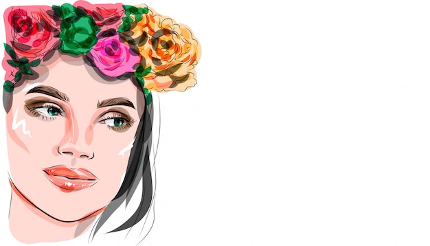 Vektor illustration, schöne frau mit make-up und blumenkranz auf dem kopf.