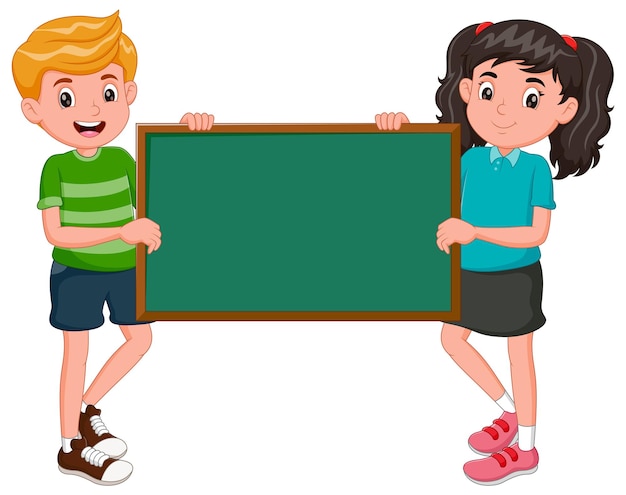Illustration süßer Kinder, die ein grünes Brett auf weißem Hintergrund halten. Vektorillustration